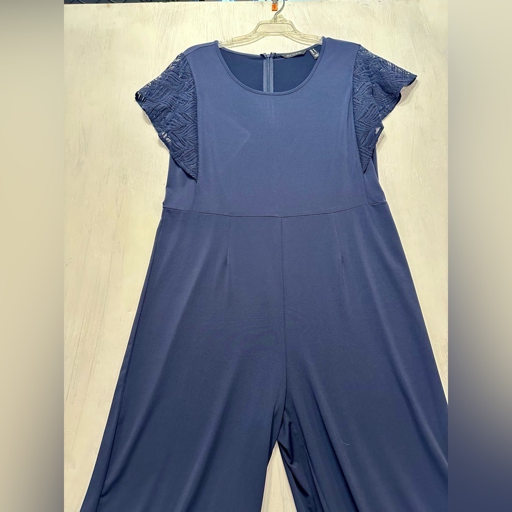 H by Halston Women’s Jumpsuit Medium Navy Lace Flutter Sleeve Wide Leg Stretch